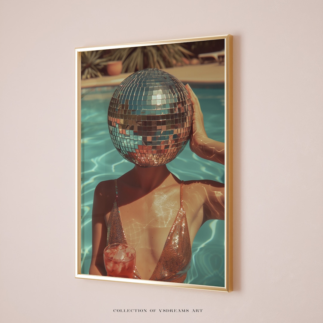 Retro Disco Ball Print, Funky Cocktail at Pool Poster, Coquette Wall ...