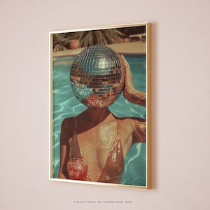 Retro Disco Ball Print, Funky Cocktail at Pool Poster, Coquette Wall Art, Dopamine Decor, Beachy Wall Art, Bar Cart Wall Art, 70s Art Photo