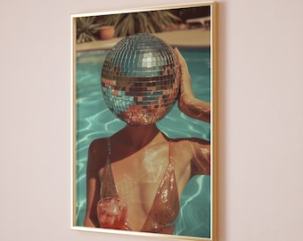 Retro Disco Ball Pool Art Print, Funky Y2K Decor (Digital Download)