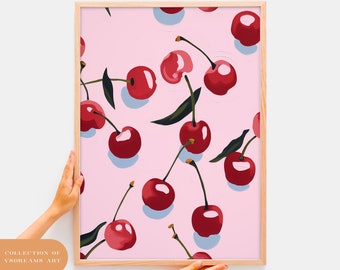 Cherry Poster, Oil Paint Cherry Print, Fruit Print, Fruit Wall Art, Kitchen Decor, Fruit Poster, Cherry Wall Art Decor, Cherry Illustration