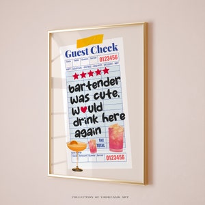 May include: A white guest check with black text that reads "bartender was cute, would drink here again". The check has a five-star rating and a server number of 0123456. Two cocktail glasses are on the check, one with an orange slice and the other with a pink drink.