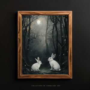 Rabbits in the Dark Forest and Full Moon, Wild Hare Painting, Farmhouse Decor, Dark Academia Print, Goblincore Art, Gothic Cottagecore Art
