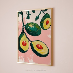 Avocado Art Print, Avocado Painting, Retro Food Art, Kitchen Decor, Dining Room Artwork, Kitchen Wall Decor, Apartment Decor, Fruit Artwork