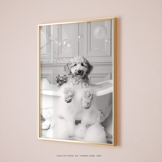 Goldendoodle on the Bath, Goldendoodle Gift, Funny Bathroom Wall Art, Bathroom Print Funny Pet Portrait Dog in Bathtub Print Bathroom Poster