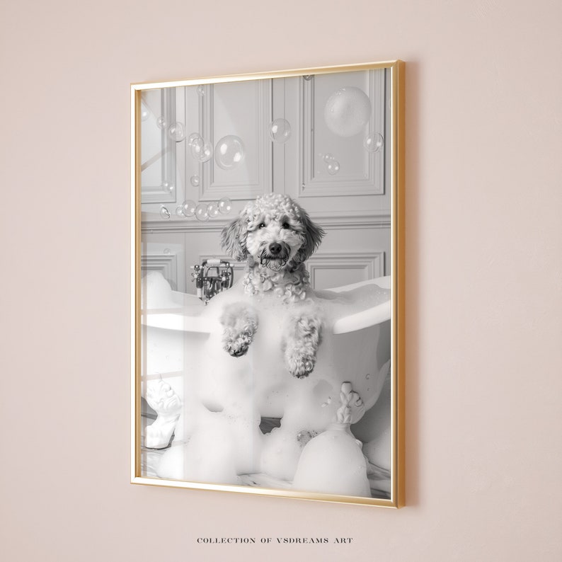 May include: A black and white photo of a dog in a bathtub full of bubbles. The dog is a poodle and is sitting in the tub with its paws on the edge. There are bubbles floating in the air around the dog.