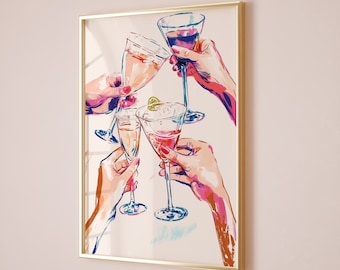 Bar Cart Print, Cheers Print, Cheers Poster, Bar Cart Decor, Retro Kitchen Wall Art, Bar Cart Art, Trendy Wall Art, Coctail Drinks Print