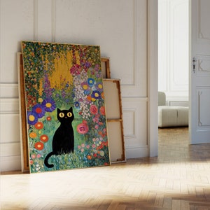 Gustav Klimt Garden Cat Print, Klimt Flowers Cat Poster, Famous Painting, Funny Cat Black Cat Art, Funny Cat Print, Gustav Klimt Painting
