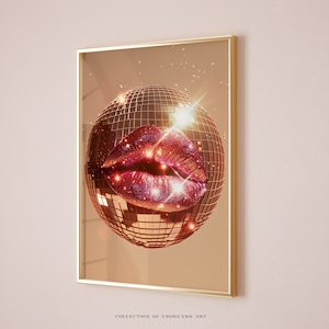 Disco Ball and Woman Lip Print, Glam Disco Ball, Vintage Art, Coquette Wall Art, Preppy Art, Dopamine Decor, Beachy Wall Art, Bar Cart Art