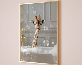 Giraffe in Tub Bathroom Print, Funny Animal Art (Digital Download)