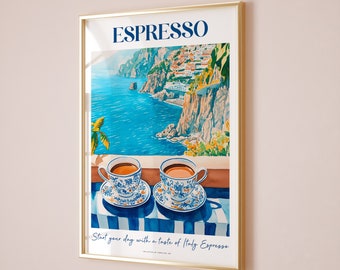 Amalfi Espresso Poster, Bar Cart Decor, Italian Espresso Print, Retro Coffee Print Coffee Shop Poster Espresso Coffee Posters Amalfi Decor