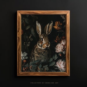 Hare Wall Art, Dark Cottagecore Art, Gothic Floral Print, Witchy Room Decor Printable Rabbit Art, Vintage Painting, Dark Moody Flower Print