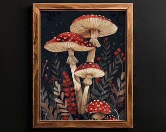 Woodland Mushrooms, Goblincore Decore, Dark Cottagecore Aesthetic Print, Floral Dark Academia, Gothic Painting, Moody Mushroom Wall Print