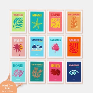 Travel Print Set of 12, Gallery Wall Bundle, Printable Poster, Mykonos Ibiza Miami Bondi Capri Santorini, Maximalist Print, Preppy Wall Art