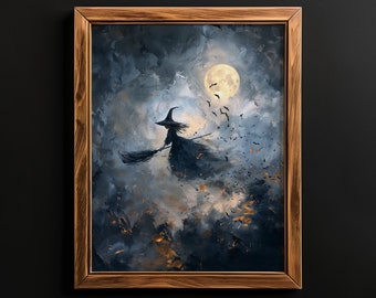 Witch Riding Broom in Moonlight, Mystical Home Decor, Printable Halloween Art, Halloween Painting, Dark Academia Print, Witch Oil Painting