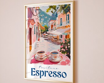 Espresso Poster, Bar Cart Decor, Italian Espresso Print, Retro Coffee Print, Coffee Shop Poster, Coffee House Posters Positano Coffee Poster