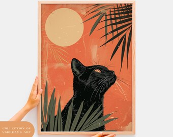 黒猫 14 不気味なコラージュプリント - 黒猫 10 月の猫のイラスト