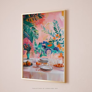 Dinner Party Food Print, Retro Food Art, Vintage Kitchen Poster, Kitchen Decor, Food Illustration Art Dining Room Artwork Retro Dinner Table