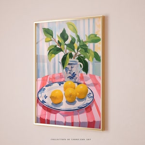 Lemons Art Print, Lemon Painting, Lemons And Stripes Art Retro Food Art Kitchen Decor Dining Room Artwork Kitchen Wall Decor Apartment Decor