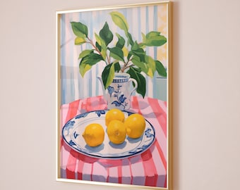 Lemons Art Print, Lemon Painting, Lemons And Stripes Art Retro Food Art Kitchen Decor Dining Room Artwork Kitchen Wall Decor Apartment Decor