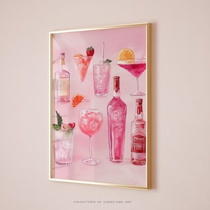 Aesthetic Girly Bar Cart Art, Bar Cart Print, Coctail Print, Bar Cart Decor, Drinks Print, Preppy Pink Posters Wine Bottle Cute Girly Poster