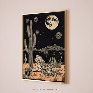 Tiger Illustration, Boho Tiger Poster, Katzenliebhaber Geschenk, Tiger Illustration, Kaktus Poster, Wüste Wandkunst, Mond Poster, Saguaro Kaktus Wandkunst