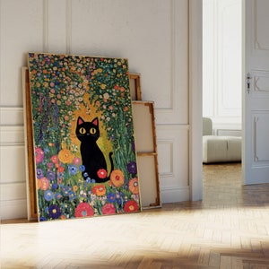 Gustav Klimt Garden Cat Print, Klimt Flowers Cat Poster, Famous Painting, Funny Cat Black Cat Art, Funny Cat Print, Gustav Klimt Painting