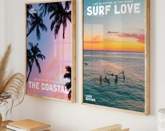 Sunset Surfing Beach Print Set, Coastal Home Decor (Digital Download)