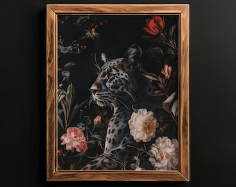 Jaguar Wall Art, Dark Cottagecore Art, Gothic Floral Print, Printable Panther Art, Jaguar Painting, Dark Moody Flowers, Gothic Farmhouse Art
