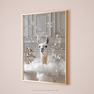 May include: A white llama with a fluffy white mane is taking a bubble bath in a white bathtub. The llama is looking directly at the camera with a playful expression. The bathtub is surrounded by white bubbles and there is a gold faucet in the background.
