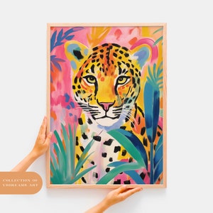 May include: A colorful painting of a leopard with a pink, yellow, and blue background. The leopard is surrounded by tropical leaves and flowers.