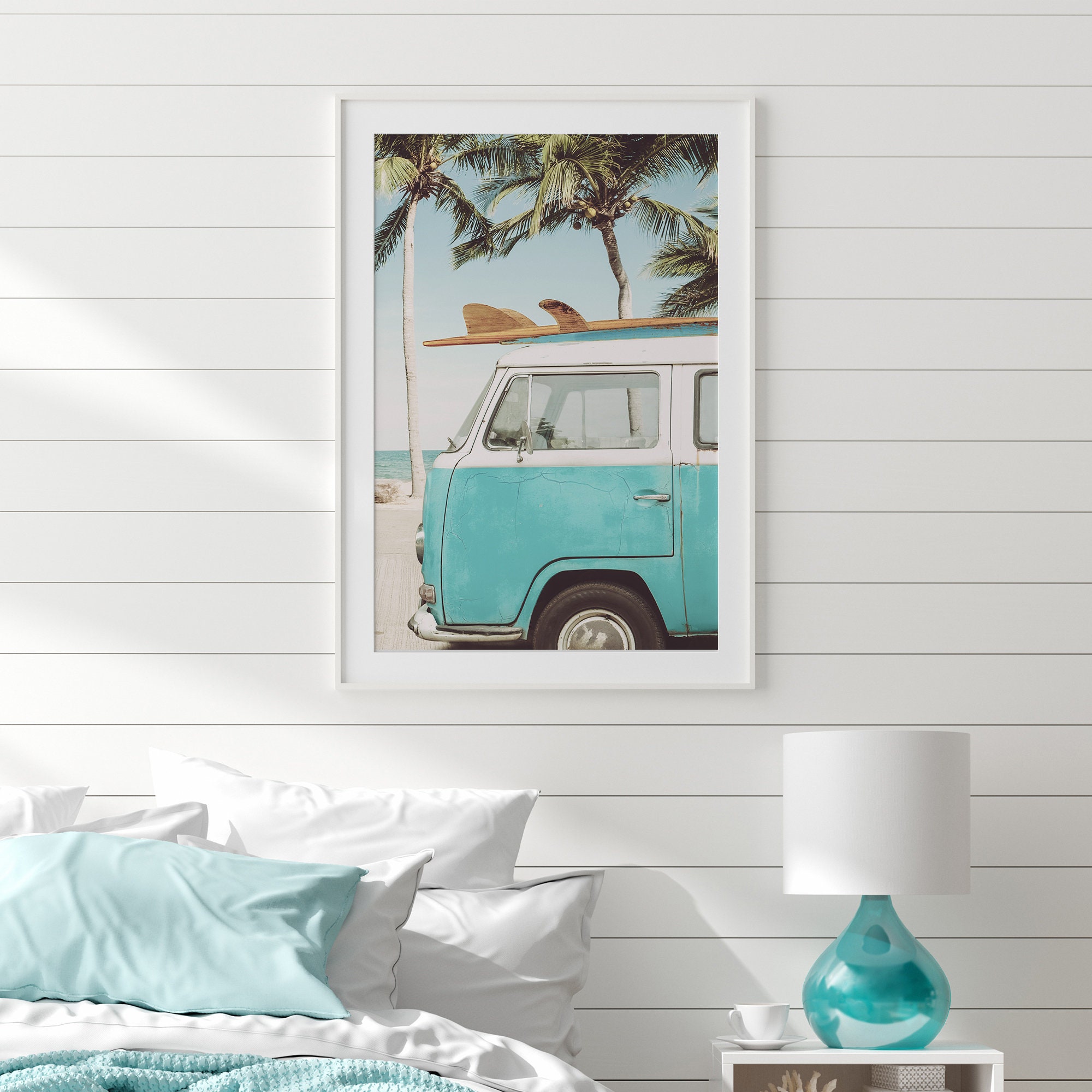 Beach Poster Art With Retro Bus. Coastal Van Wall Art Print Etsy UK