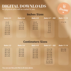May include: A chart showing different sizes for digital downloads in inches and centimeters. The chart includes ratios of 2:3, 3:4, 4:5, 5:7, and 11:14. The text "Digital Downloads" and "Vs Dreams" is at the top of the chart.