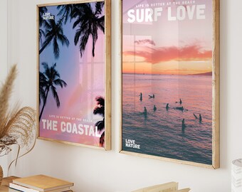 Sunset Beach Print Set, Coastal Surfing Art (Digital Download)