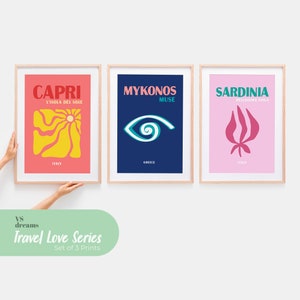 Travel Print Set of 3, Gallery Wall Set, Sardinia Capri Mykonos Greek Islands, Printable Wall Art, Digital Download, Colorful Travel Poster