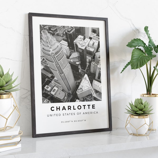 Charlotte Print Black and White, Charlotte Poster, USA Prints, Charlotte Wall Art, Charlotte Wall Decor, Charlotte Landscape, North Carolina