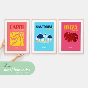 Vacation Places Print Set of 3 Capri Santorini Ibiza Print Santorini Blue Dome Printable Wall Art Europe Travel Place Greek Islands Prints