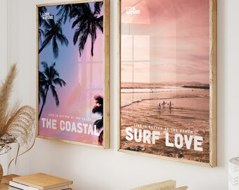 Surfing Sunset Beach Print Set, Coastal Wall Art (Digital Download)