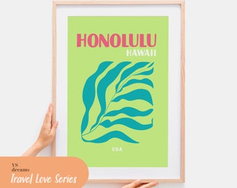 Honolulu Print, Travel Prints, Hawaii Print, Ocean Print, Tropical Prints, Summer Print, Retro Prints, Hawaii Wall Art Poster, Hawaii Gift