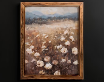 Printable Wildflower Field Landscape Oil Painting, Vintage Farm House Country Field Landscape Oil Painting Moody Landscape Digital Printable