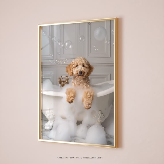 Goldendoodle on the Bath, Goldendoodle Gift, Funny Bathroom Wall Art, Bathroom Print Funny Pet Portrait Dog in Bathtub Print Bathroom Poster