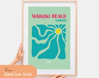 Waikiki Beach Print, Travel Prints, Hawaii Print, Ocean Print, Tropical Prints, Summer Print Retro Prints Hawaii Wall Art Poster Hawaii Gift