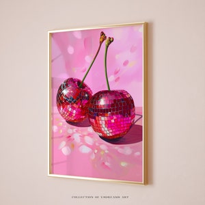 Disco Cherries Wall Art, Glam Disco Ball, Vintage Art, Coquette Wall Art, Preppy Art, Cherry Prints, Dopamine Decor, Printable Girly Poster
