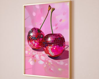 Disco Cherries Wall Art, Glam Disco Ball, Vintage Art, Coquette Wall Art, Preppy Art, Cherry Prints, Dopamine Decor, Printable Girly Poster