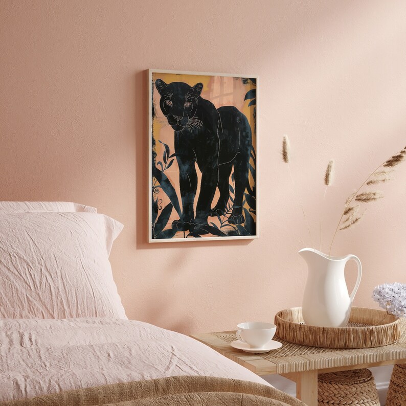 May include: A black panther silhouette print with a vintage aesthetic. The panther is standing in a jungle setting with foliage and a light background.