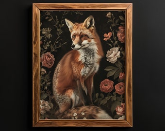 Gothic Fox Print Surrounded by Flowers, Gothic Cottagecore, Dark Academia Print, Dark Gothic Botanical Art, Witch Decor Antique Oil Painting