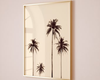 Svartvit palmträdposter, tropisk utskrivbar väggkonst, palmträdfoto, lugna palmer, neutral väggkonst, strandtryck, kustväggkonst