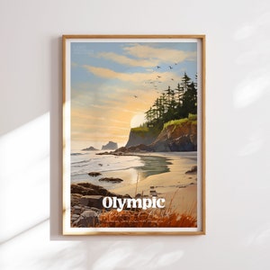 Könnte beinhalten: Ein Vintage-Poster mit einer Sonnenuntergangsszene eines Strandes mit felsiger Küste und Bäumen. Der Text "Olympic National Park" befindet sich in der Mitte unten auf dem Poster.
