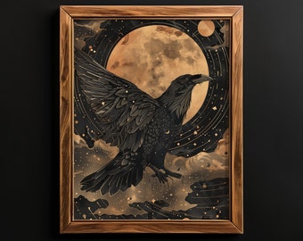 Impression de cartes de tarot corbeau, déco murale pour les amateurs de tarot, art mural tarot, art sorcière imprimable, décoration murale céleste, impression académique sombre