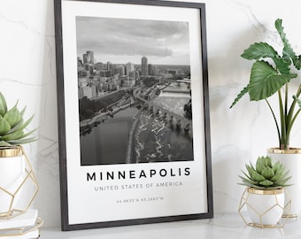 Minneapolis Print Czarno-biały plakat Minneapolis, wydruk USA, sztuka ścienna Minneapolis, krajobraz Minneapolis, wydruki fotograficzne Minneapolis
