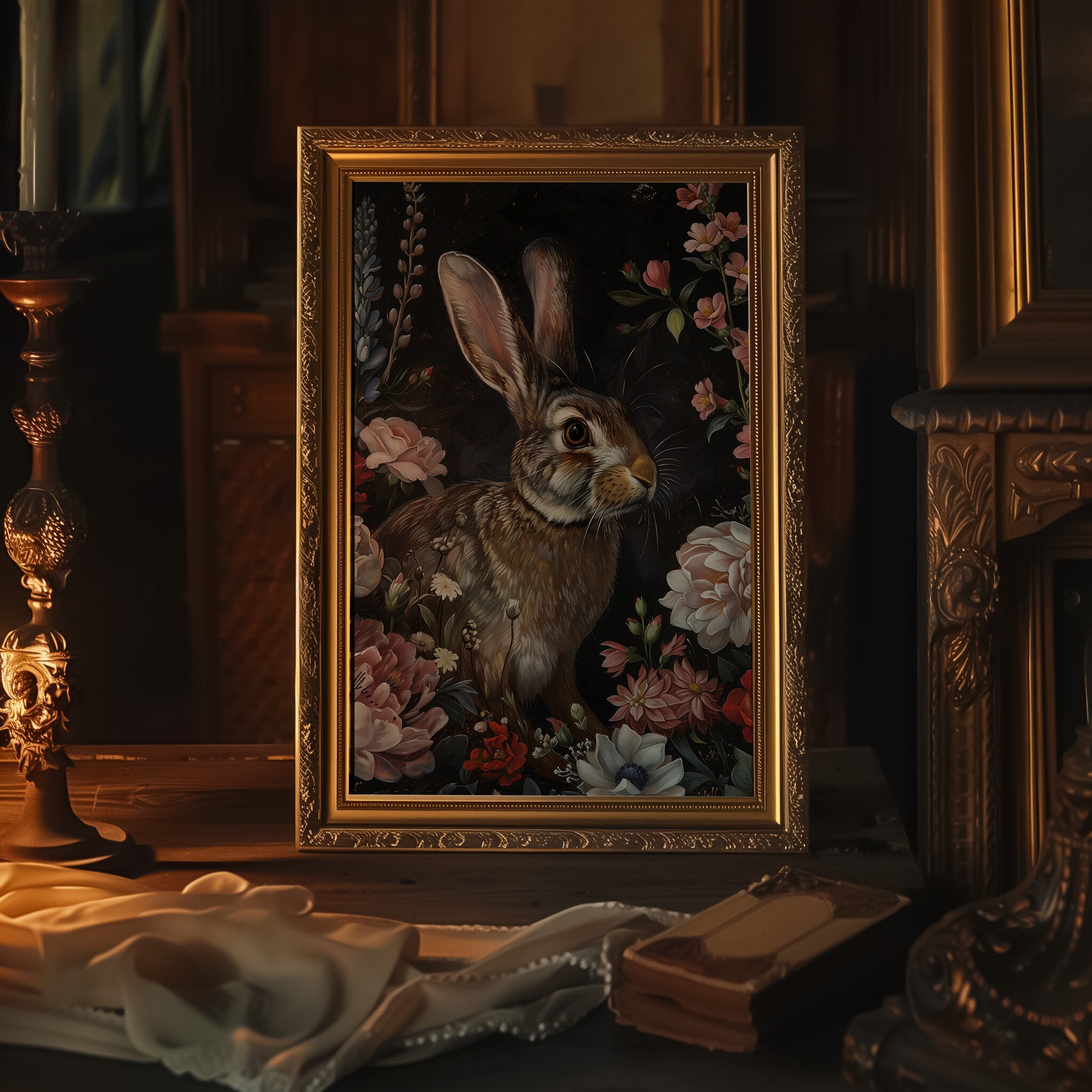 Goth Ribbit Goth Rabbit and Flowers Print, Moody Dark Print, Dark Academia Print ...
